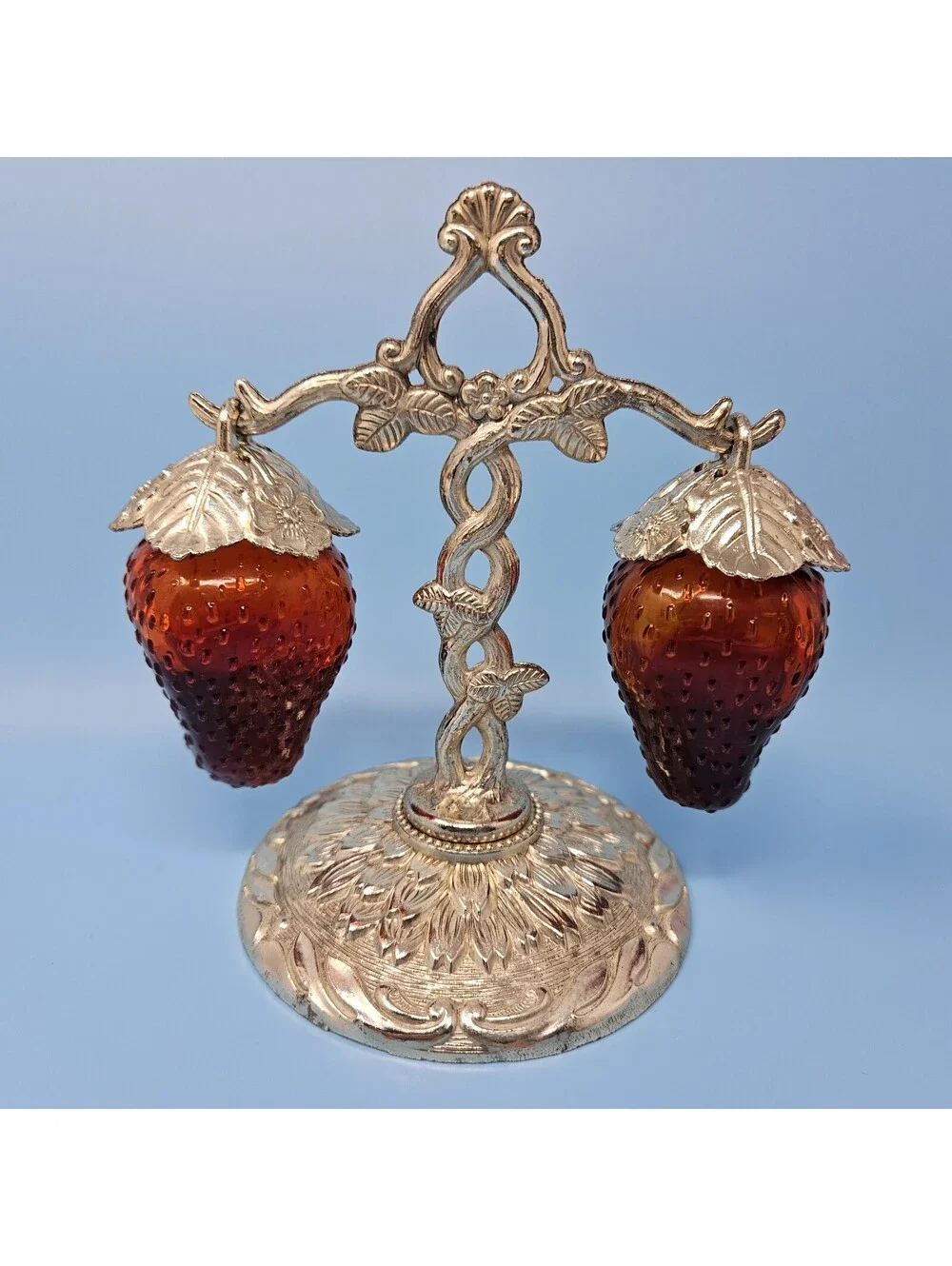Vintage Rare Red Glass Hanging Strawberry Salt & Pepper Shakers Japan EP. Zinc